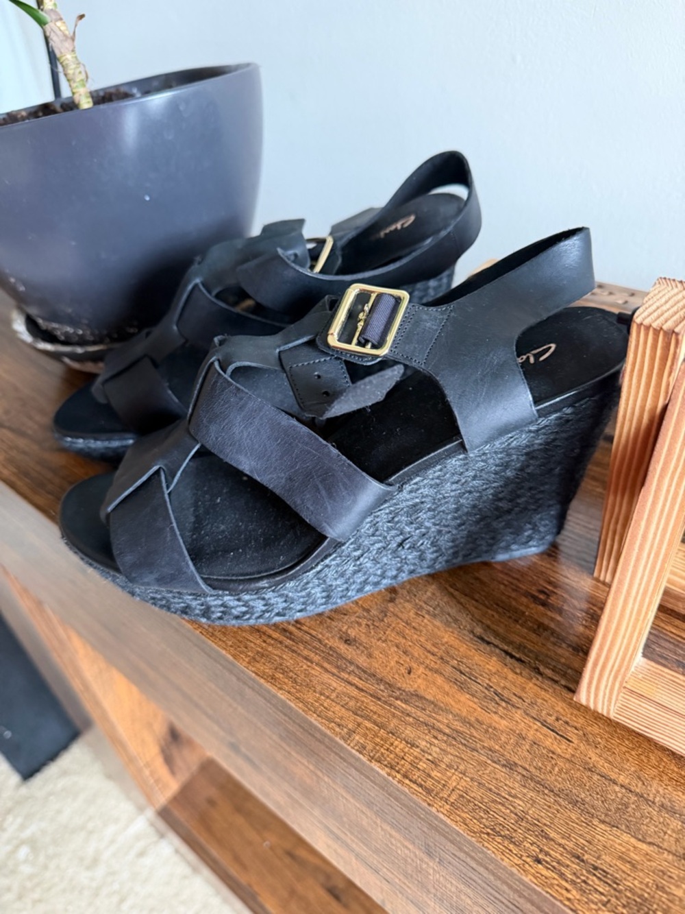 Clarks Black Wedge Espadrille Sandals with Gold Buckle